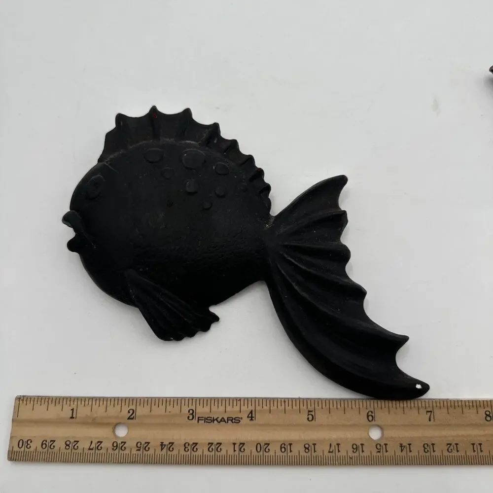 Vintage MCM Set of 3 Black Chalkware Fish Plaques Wall Decor